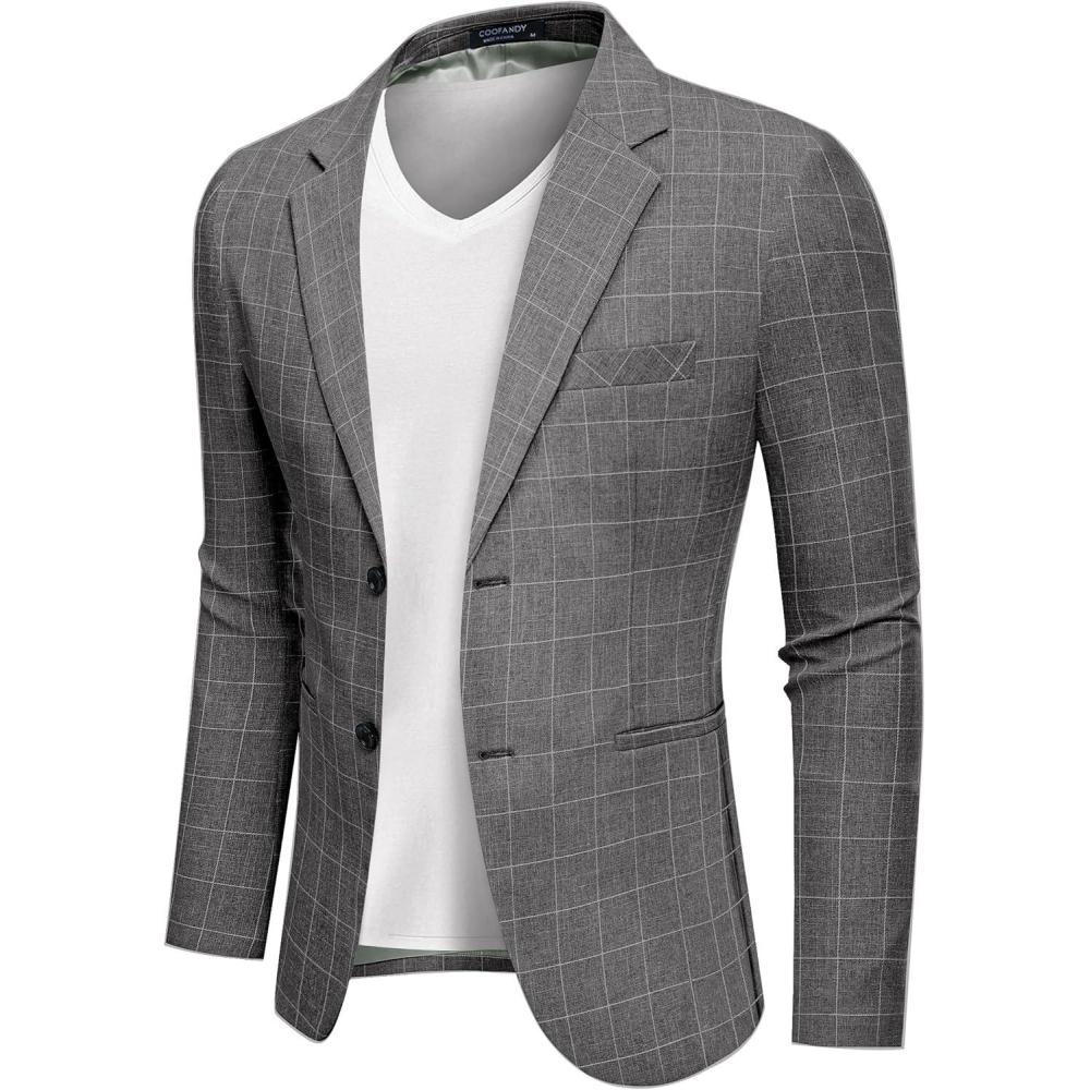 imageCOOFANDY Mens Blazer Casual Two Buttons Sport Coats Lightweight Suit JacketCheckered Blazer Gray