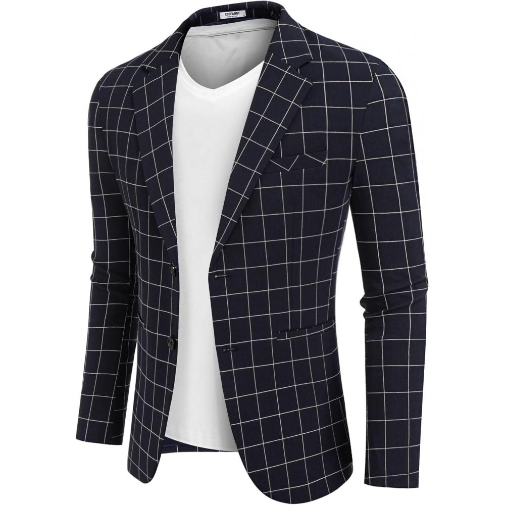 imageCOOFANDY Mens Blazer Casual Two Buttons Sport Coats Lightweight Suit JacketCheckered Blazer Navy Blue