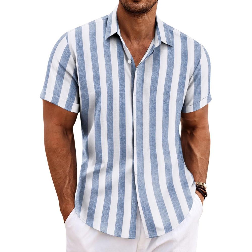 imageCOOFANDY Mens BlueWhite Stripe Button Down Shirt Short Sleeve Summer Shirt Casual Shirts for Men Fashion Vacation