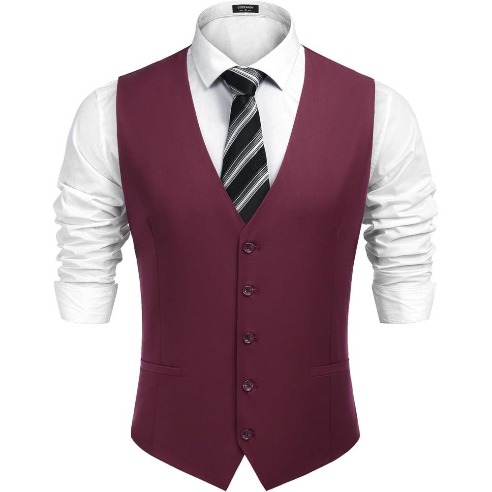 imageCOOFANDY Mens Business Suit Vest Casual Dress Vest Slim Fit Formal WaistcoatWine Red