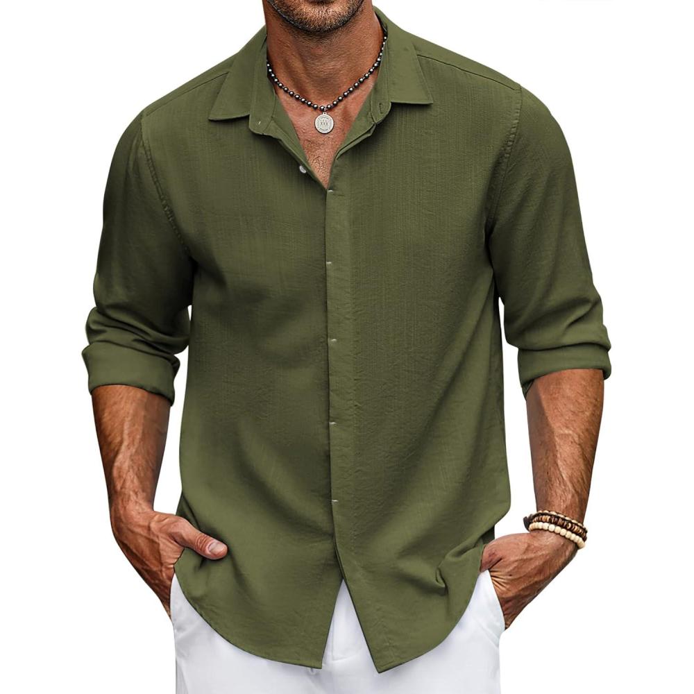 imageCOOFANDY Mens Button Down Long Sleeve Shirt Casual Untucked Dress Shirt Regular Fit Wedding ShirtsArmy Green