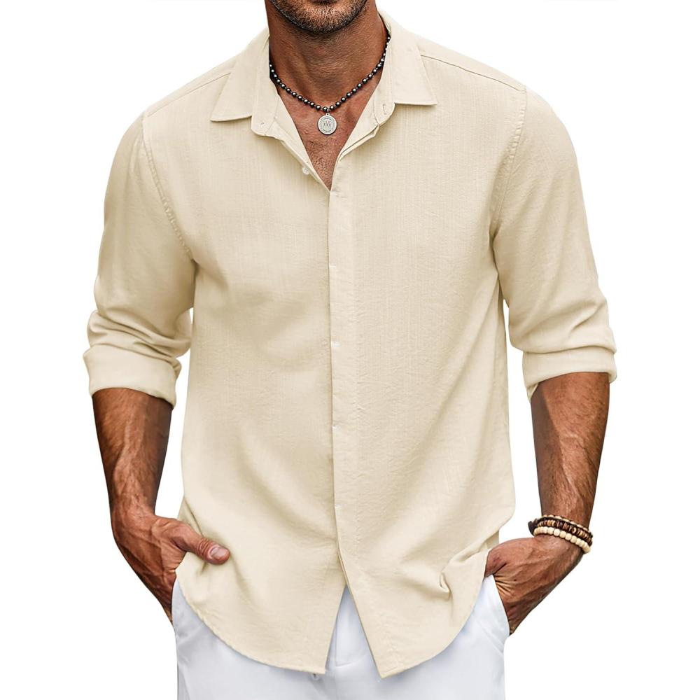 imageCOOFANDY Mens Button Down Long Sleeve Shirt Casual Untucked Dress Shirt Regular Fit Wedding ShirtsBeige