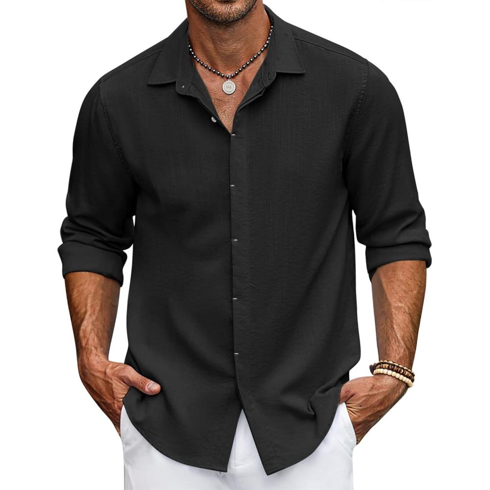 imageCOOFANDY Mens Button Down Long Sleeve Shirt Casual Untucked Dress Shirt Regular Fit Wedding ShirtsBlack
