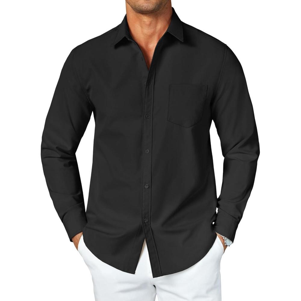 imageCOOFANDY Mens Button Down Long Sleeve Shirt Casual Untucked Dress Shirt Regular Fit Wedding ShirtsBlack Onyx