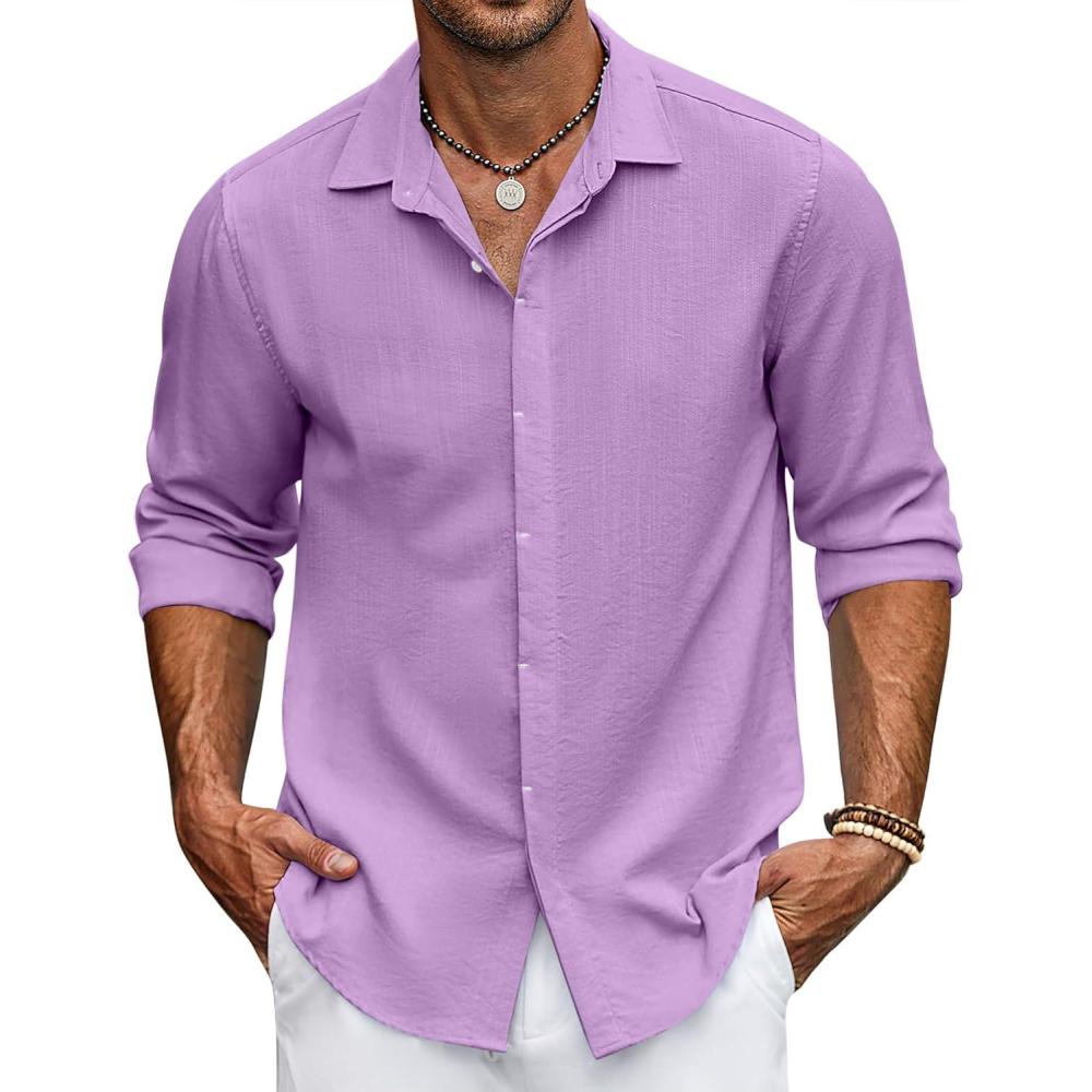 imageCOOFANDY Mens Button Down Long Sleeve Shirt Casual Untucked Dress Shirt Regular Fit Wedding ShirtsLavender