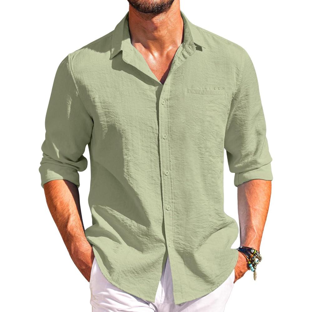 imageCOOFANDY Mens Button Down Long Sleeve Shirt Casual Untucked Dress Shirt Regular Fit Wedding ShirtsLight Green