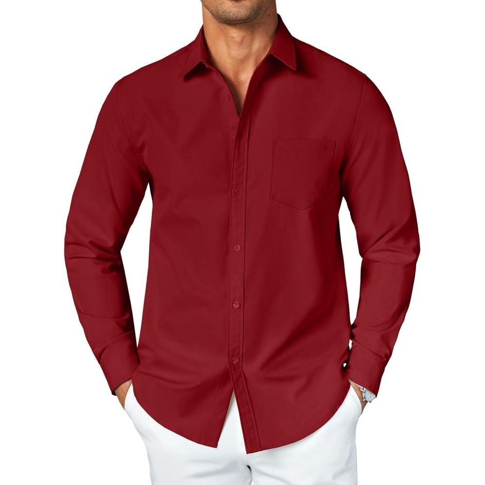imageCOOFANDY Mens Button Down Long Sleeve Shirt Casual Untucked Dress Shirt Regular Fit Wedding ShirtsRed Dahlia