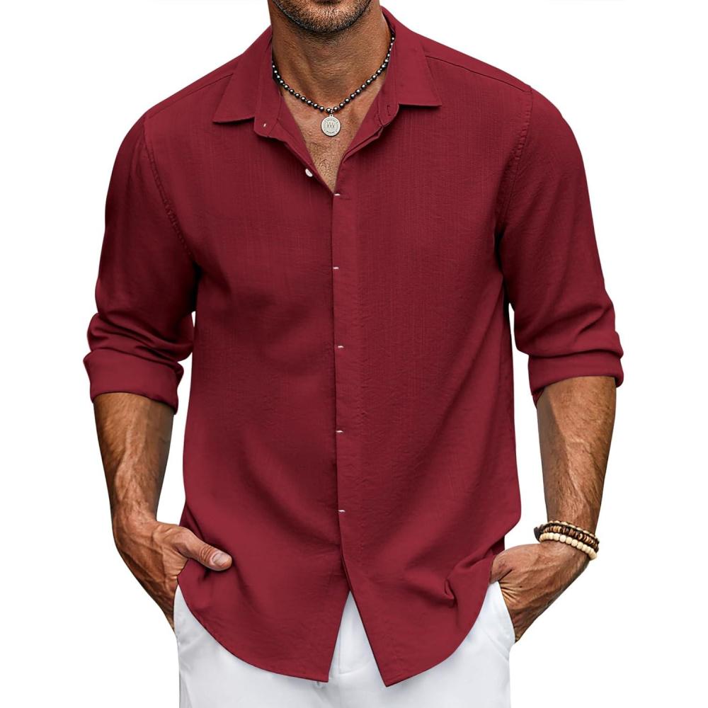 imageCOOFANDY Mens Button Down Long Sleeve Shirt Casual Untucked Dress Shirt Regular Fit Wedding ShirtsWine Red
