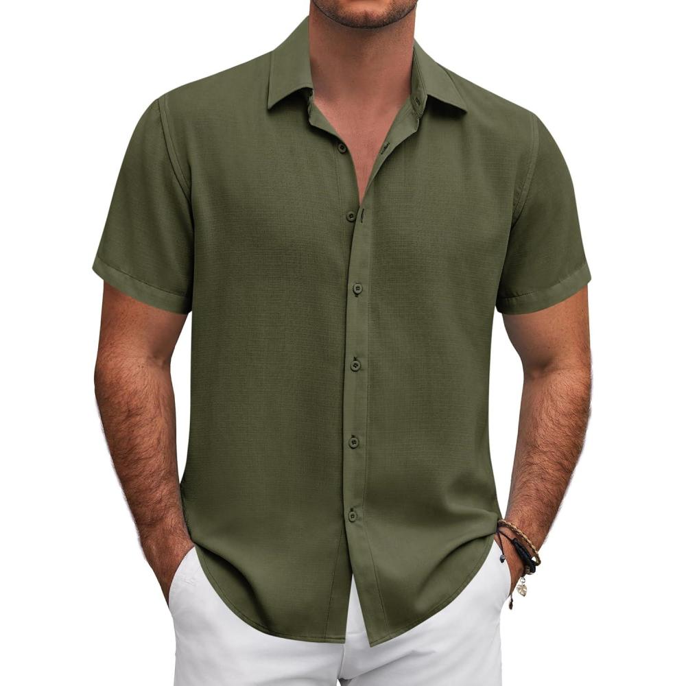 imageCOOFANDY Mens Button Down Shirt Short Sleeve Casual Shirts for Summer Beach Vacation ShirtsArmy Green
