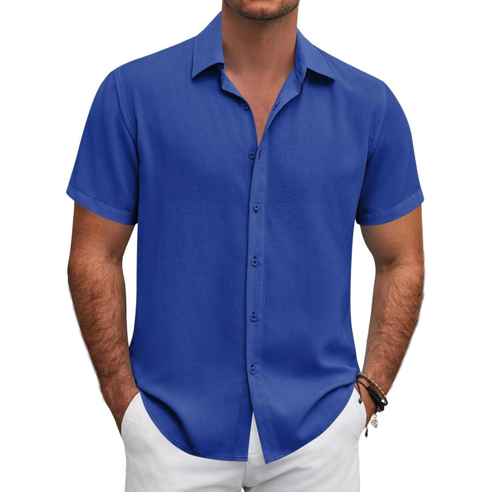 imageCOOFANDY Mens Button Down Shirt Short Sleeve Casual Shirts for Summer Beach Vacation ShirtsAzure