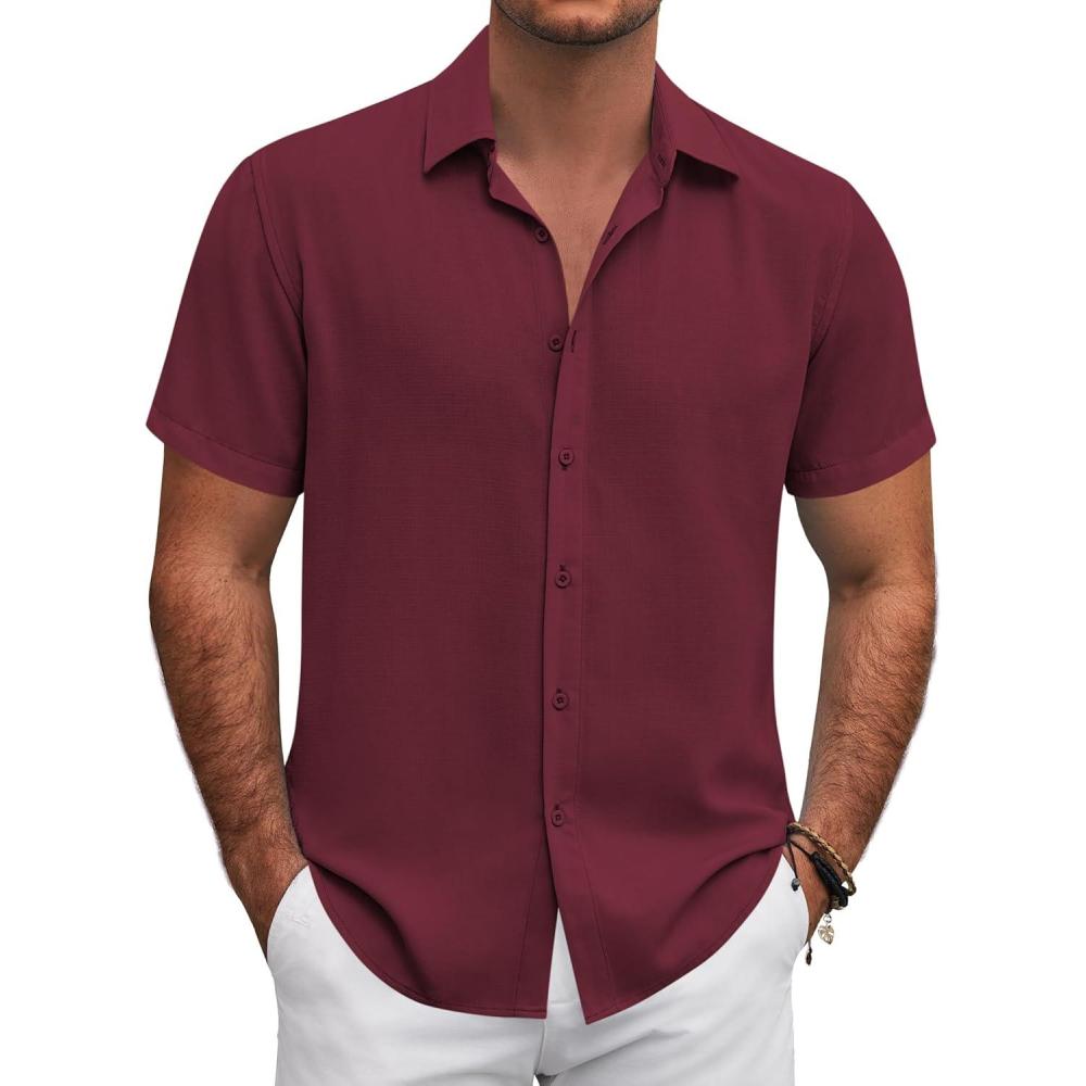 imageCOOFANDY Mens Button Down Shirt Short Sleeve Casual Shirts for Summer Beach Vacation ShirtsDark Red