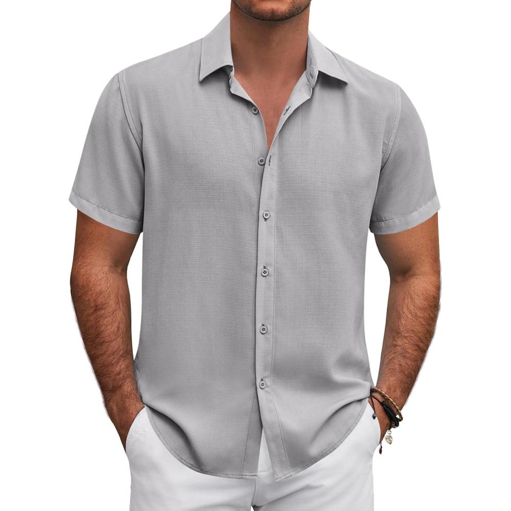 imageCOOFANDY Mens Button Down Shirt Short Sleeve Casual Shirts for Summer Beach Vacation ShirtsLight Grey