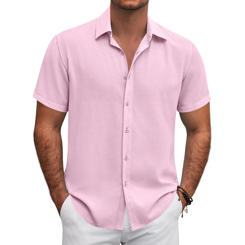imageCOOFANDY Mens Button Down Shirt Short Sleeve Casual Shirts for Summer Beach Vacation ShirtsPink