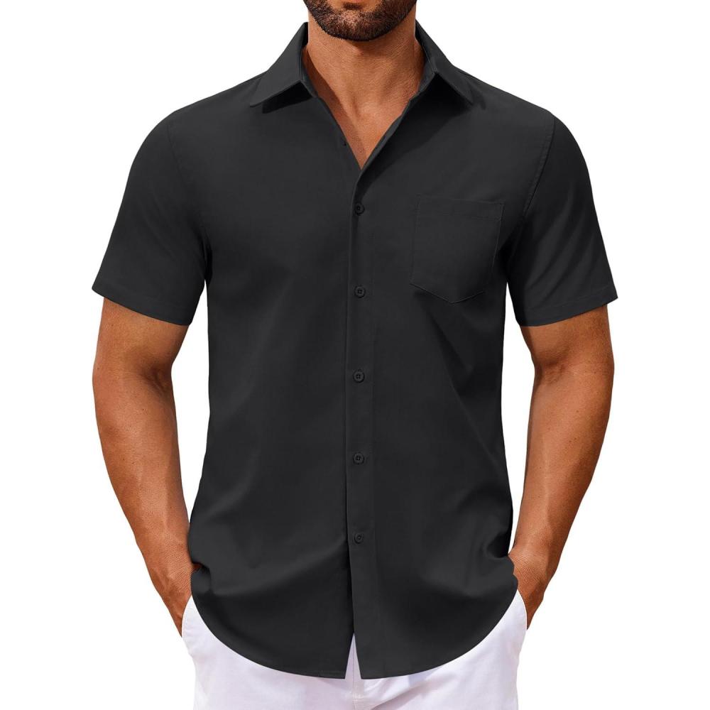 imageCOOFANDY Mens Button Down Shirts Short Sleeve Casual Dress Shirts Untucked Summer Shirt with PocketBlack