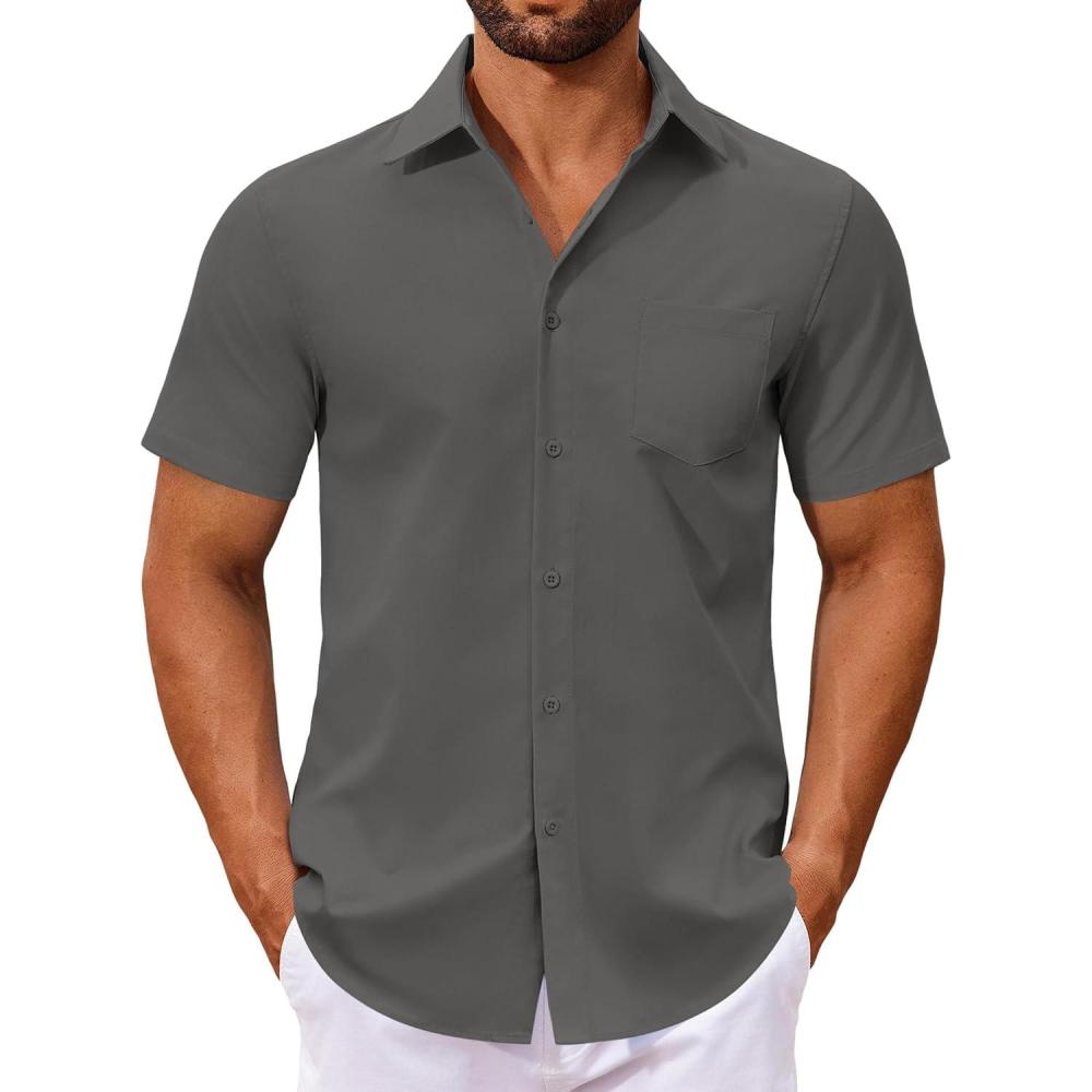imageCOOFANDY Mens Button Down Shirts Short Sleeve Casual Dress Shirts Untucked Summer Shirt with PocketDark Grey