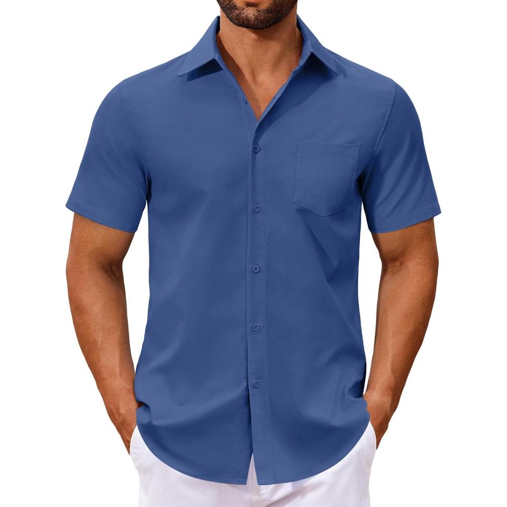 imageCOOFANDY Mens Button Down Shirts Short Sleeve Casual Dress Shirts Untucked Summer Shirt with PocketDenim Blue