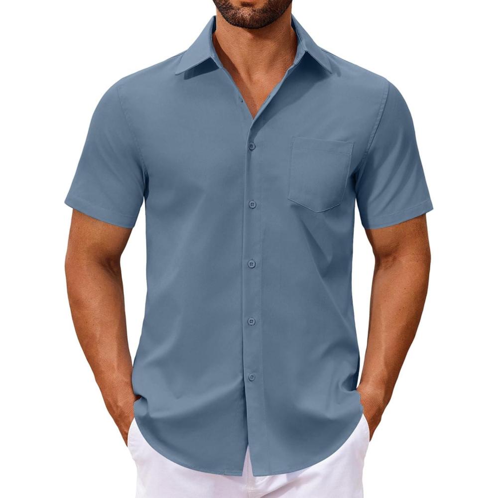 imageCOOFANDY Mens Button Down Shirts Short Sleeve Casual Dress Shirts Untucked Summer Shirt with PocketGrey Blue