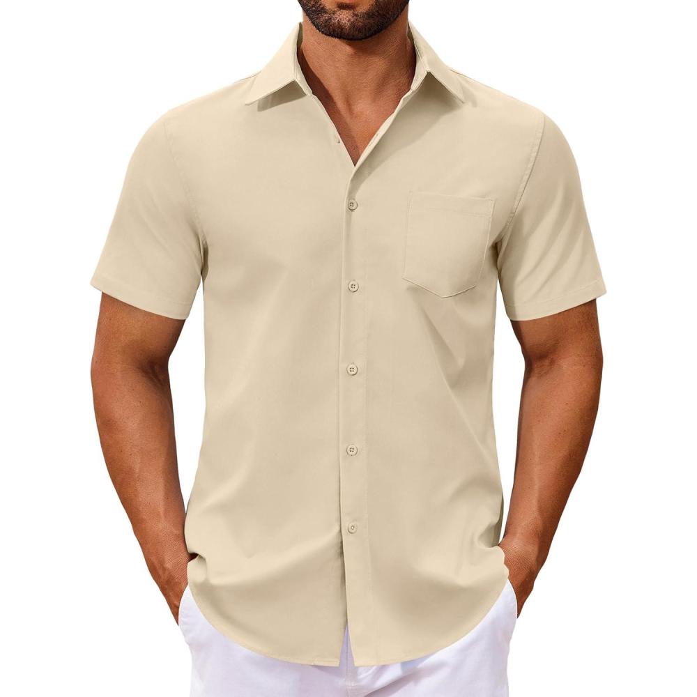 imageCOOFANDY Mens Button Down Shirts Short Sleeve Casual Dress Shirts Untucked Summer Shirt with PocketLight Khaki