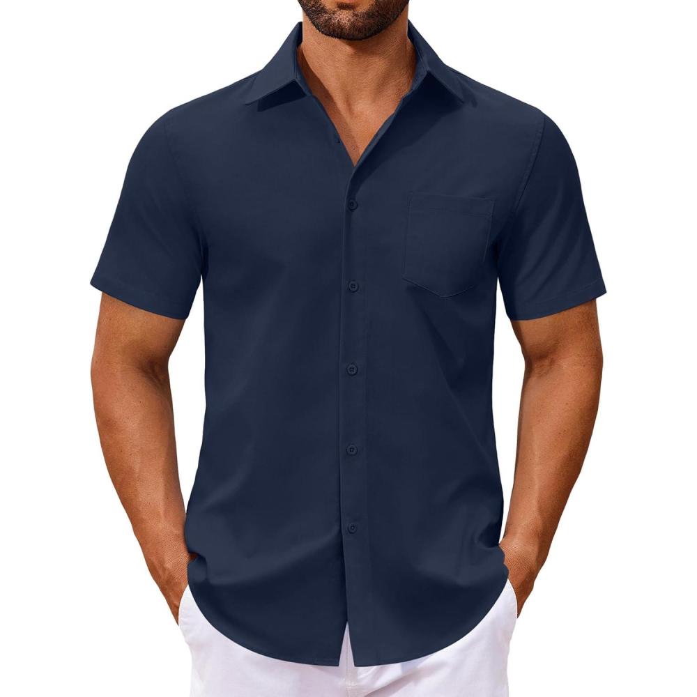 imageCOOFANDY Mens Button Down Shirts Short Sleeve Casual Dress Shirts Untucked Summer Shirt with PocketNavy Blue