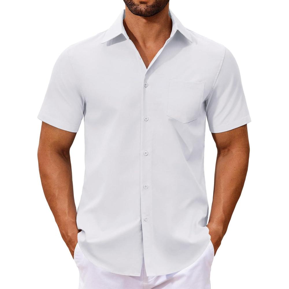 imageCOOFANDY Mens Button Down Shirts Short Sleeve Casual Dress Shirts Untucked Summer Shirt with PocketWhite