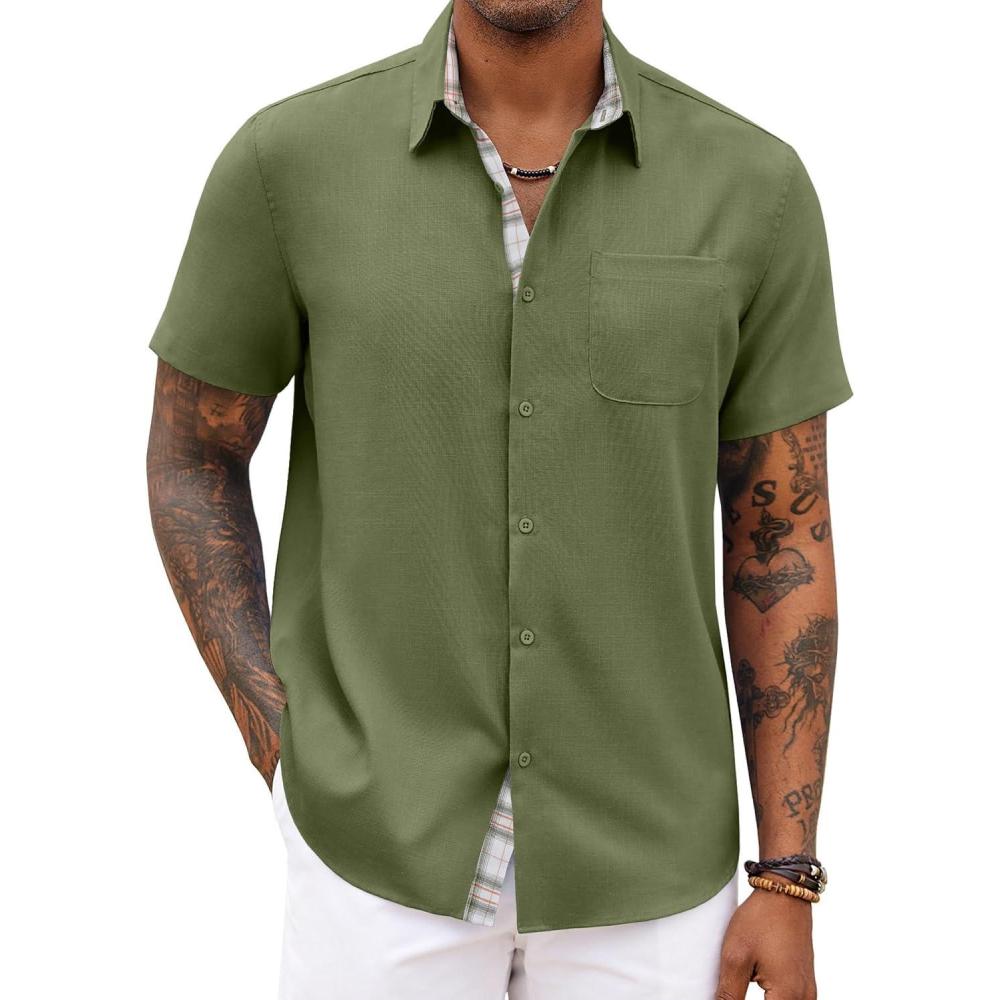 imageCOOFANDY Mens Button Down Shirts Short Sleeve Casual Shirts Summer Beach Shirts Vacation Wedding Shirts with PocketArmy Green