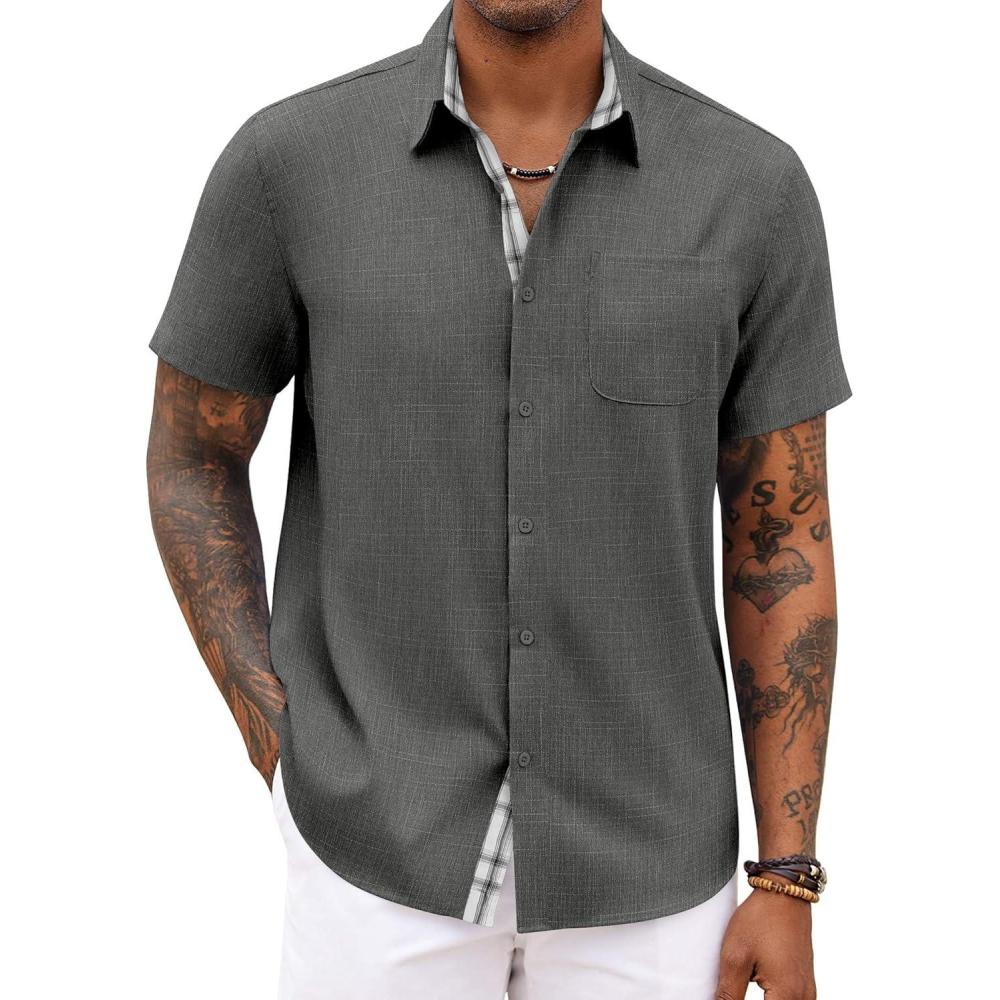 imageCOOFANDY Mens Button Down Shirts Short Sleeve Casual Shirts Summer Beach Shirts Vacation Wedding Shirts with PocketDeep Grey