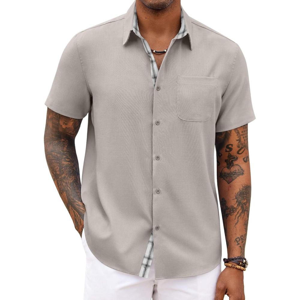 imageCOOFANDY Mens Button Down Shirts Short Sleeve Casual Shirts Summer Beach Shirts Vacation Wedding Shirts with PocketGrey
