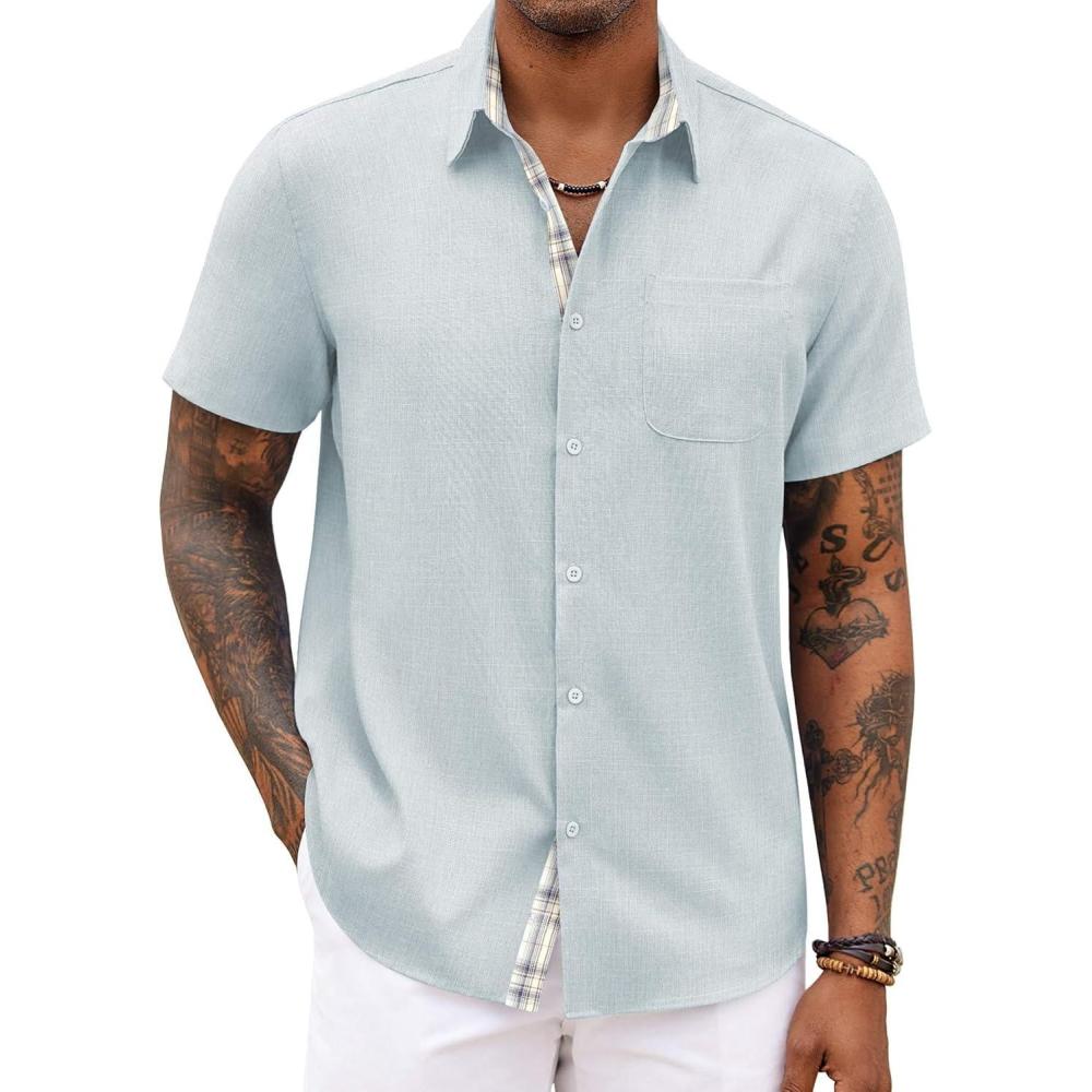 imageCOOFANDY Mens Button Down Shirts Short Sleeve Casual Shirts Summer Beach Shirts Vacation Wedding Shirts with PocketLight Blue