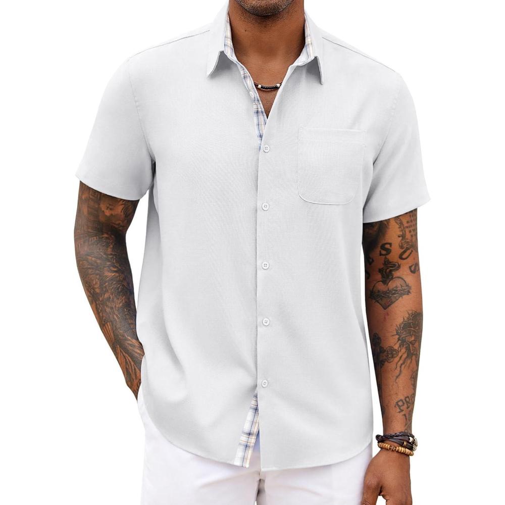 imageCOOFANDY Mens Button Down Shirts Short Sleeve Casual Shirts Summer Beach Shirts Vacation Wedding Shirts with PocketWhite