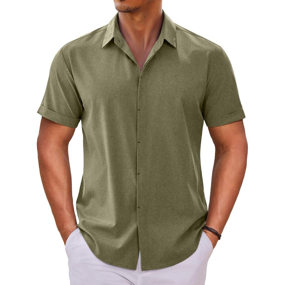 imageCOOFANDY Mens Button Down Shirts Short Sleeve Casual Summer Beach Shirts for Men Vacation Wedding Linen ShirtArmy Green