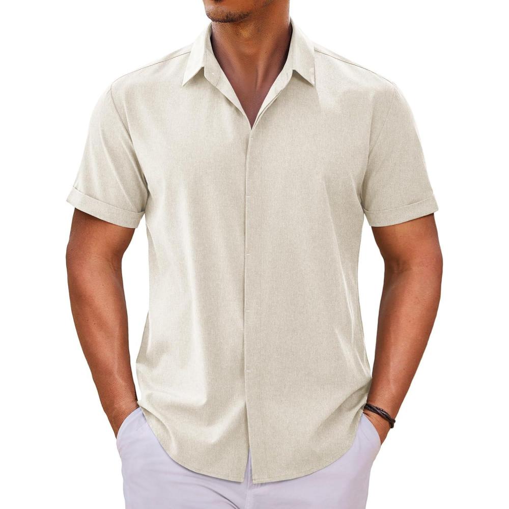 imageCOOFANDY Mens Button Down Shirts Short Sleeve Casual Summer Beach Shirts for Men Vacation Wedding Linen ShirtBeige