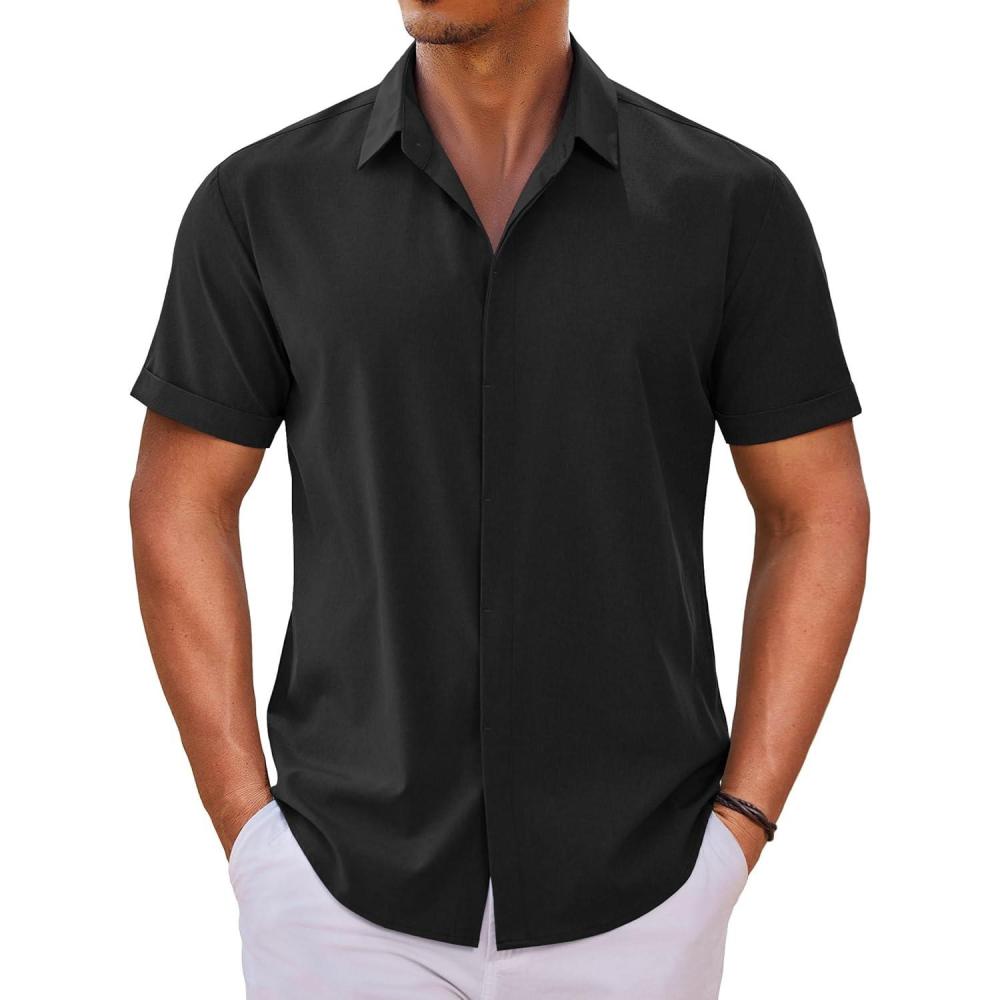 imageCOOFANDY Mens Button Down Shirts Short Sleeve Casual Summer Beach Shirts for Men Vacation Wedding Linen ShirtBlack