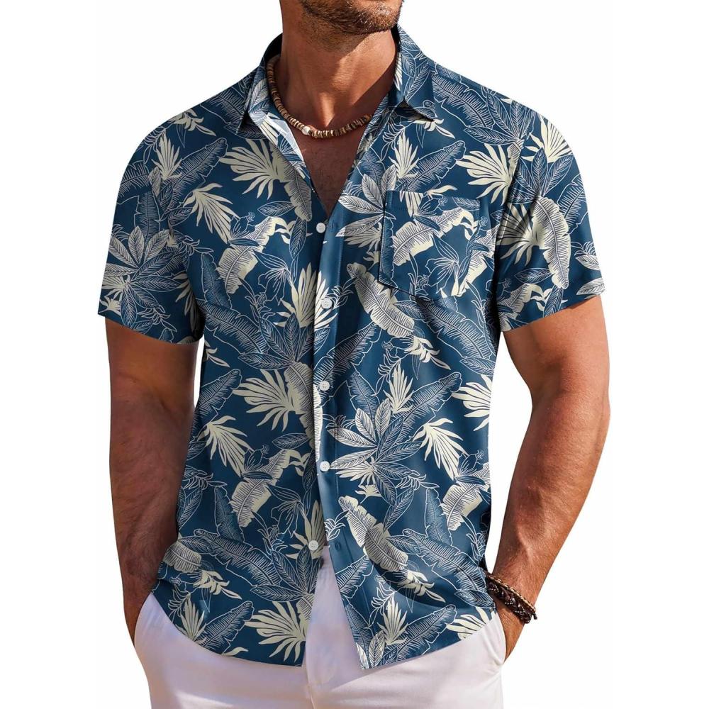 imageCOOFANDY Mens Button Down Shirts Short Sleeve Casual Summer Beach Shirts for Men Vacation Wedding Linen ShirtBlue White Leaf