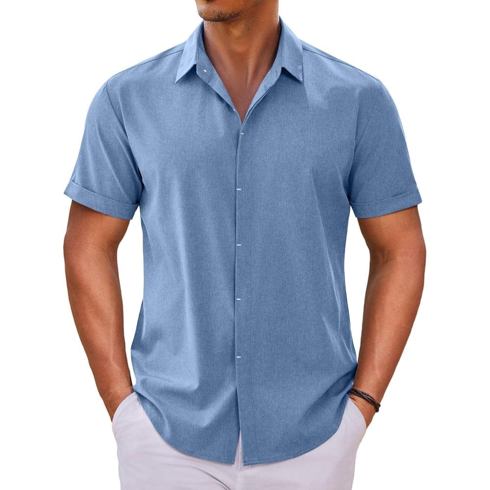 imageCOOFANDY Mens Button Down Shirts Short Sleeve Casual Summer Beach Shirts for Men Vacation Wedding Linen ShirtBlue