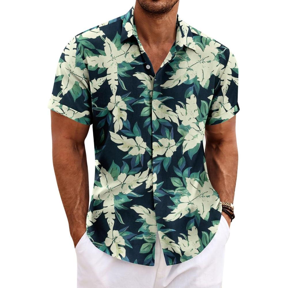imageCOOFANDY Mens Button Down Shirts Short Sleeve Casual Summer Beach Shirts for Men Vacation Wedding Linen ShirtBluewhite Floral