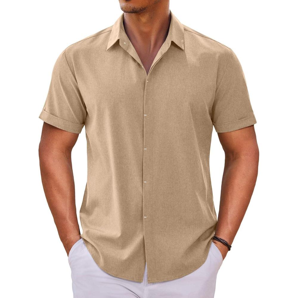 imageCOOFANDY Mens Button Down Shirts Short Sleeve Casual Summer Beach Shirts for Men Vacation Wedding Linen ShirtCamel