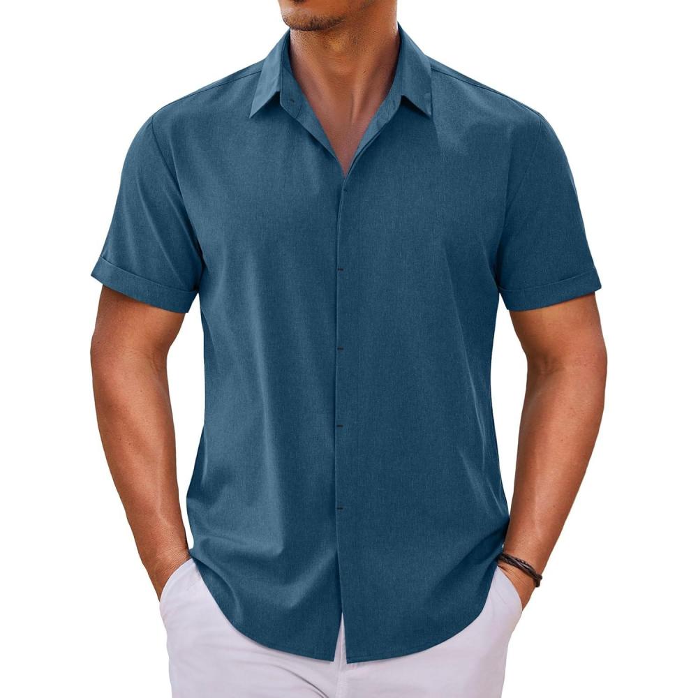 imageCOOFANDY Mens Button Down Shirts Short Sleeve Casual Summer Beach Shirts for Men Vacation Wedding Linen ShirtDark Blue