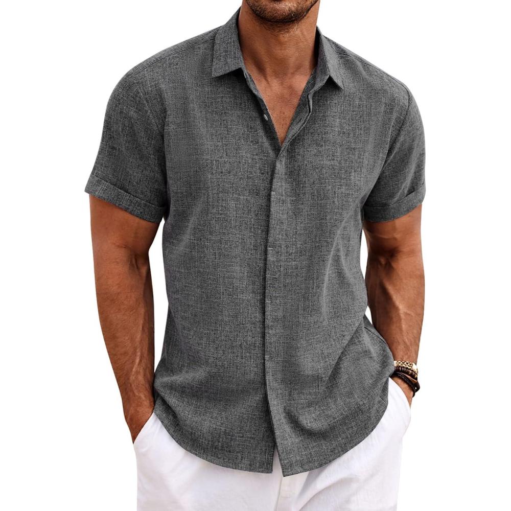 imageCOOFANDY Mens Button Down Shirts Short Sleeve Casual Summer Beach Shirts for Men Vacation Wedding Linen ShirtDark Grey