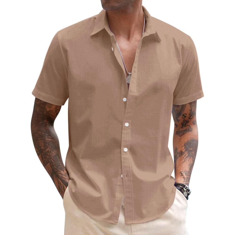 imageCOOFANDY Mens Button Down Shirts Short Sleeve Casual Summer Beach Shirts for Men Vacation Wedding Linen ShirtDark Khaki