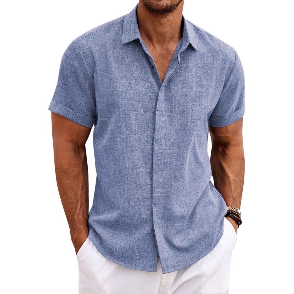 imageCOOFANDY Mens Button Down Shirts Short Sleeve Casual Summer Beach Shirts for Men Vacation Wedding Linen ShirtDenim Blue