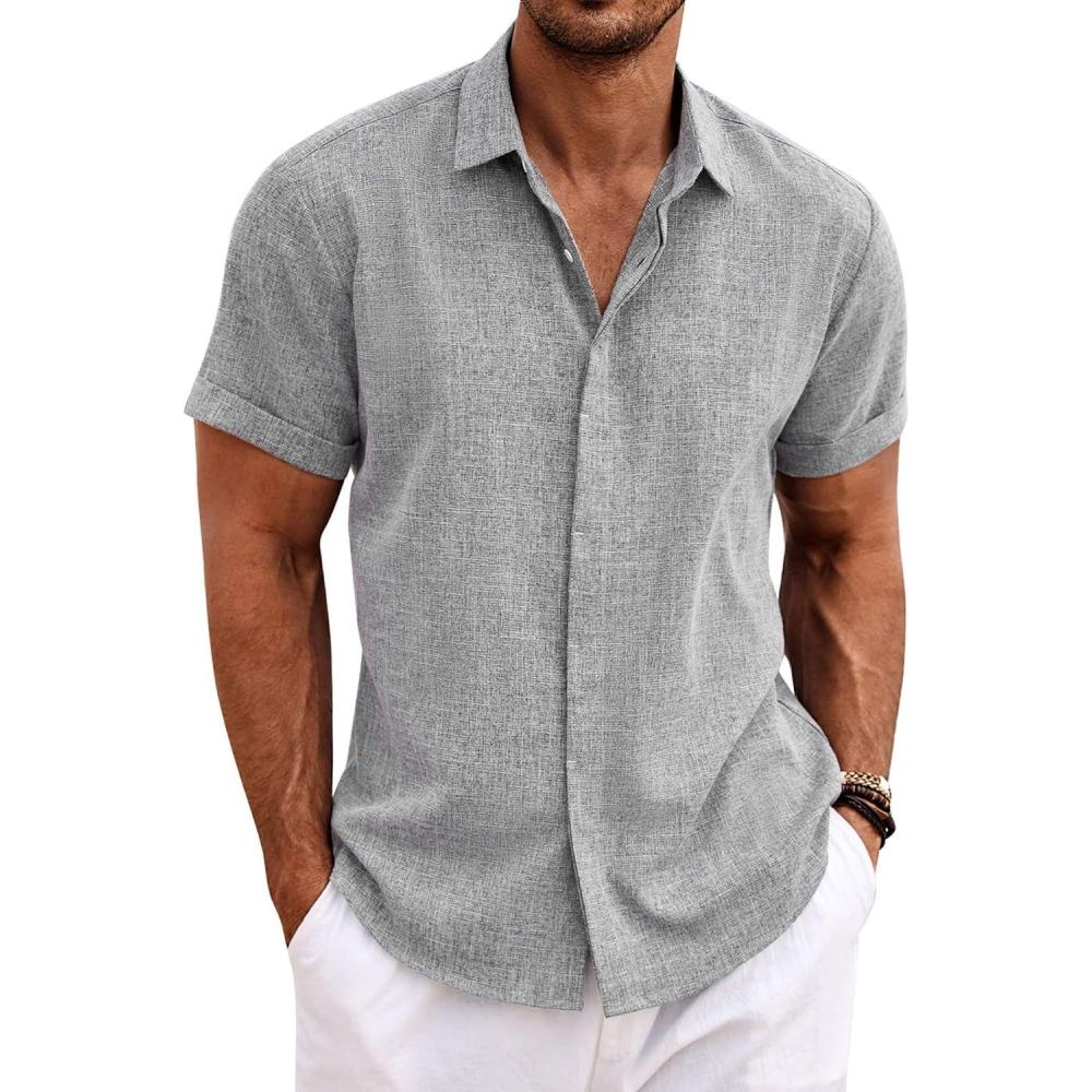 imageCOOFANDY Mens Button Down Shirts Short Sleeve Casual Summer Beach Shirts for Men Vacation Wedding Linen ShirtGrey