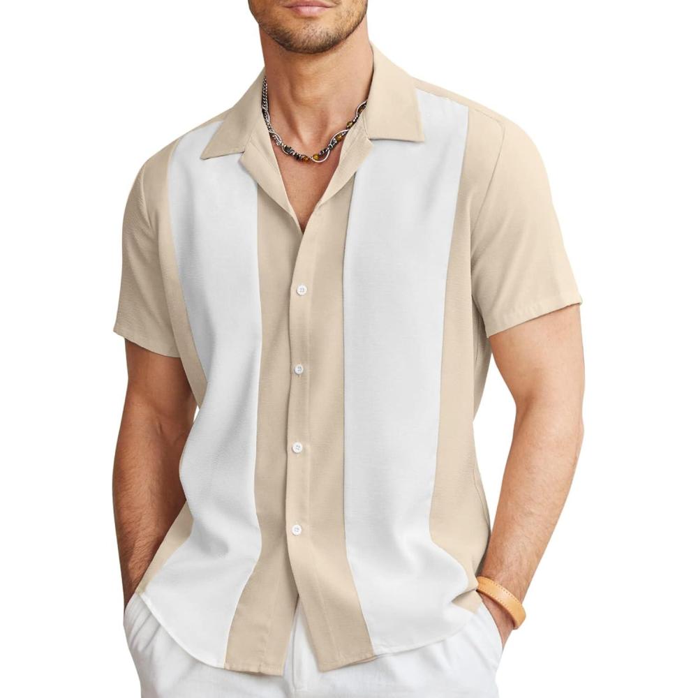 imageCOOFANDY Mens Button Down Shirts Short Sleeve Casual Summer Beach Shirts for Men Vacation Wedding Linen ShirtKhaki White