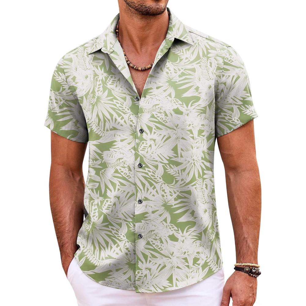 imageCOOFANDY Mens Button Down Shirts Short Sleeve Casual Summer Beach Shirts for Men Vacation Wedding Linen ShirtLight Green Leaf