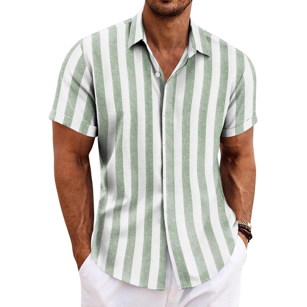 imageCOOFANDY Mens Button Down Shirts Short Sleeve Casual Summer Beach Shirts for Men Vacation Wedding Linen ShirtLight Greenwhite Stripes