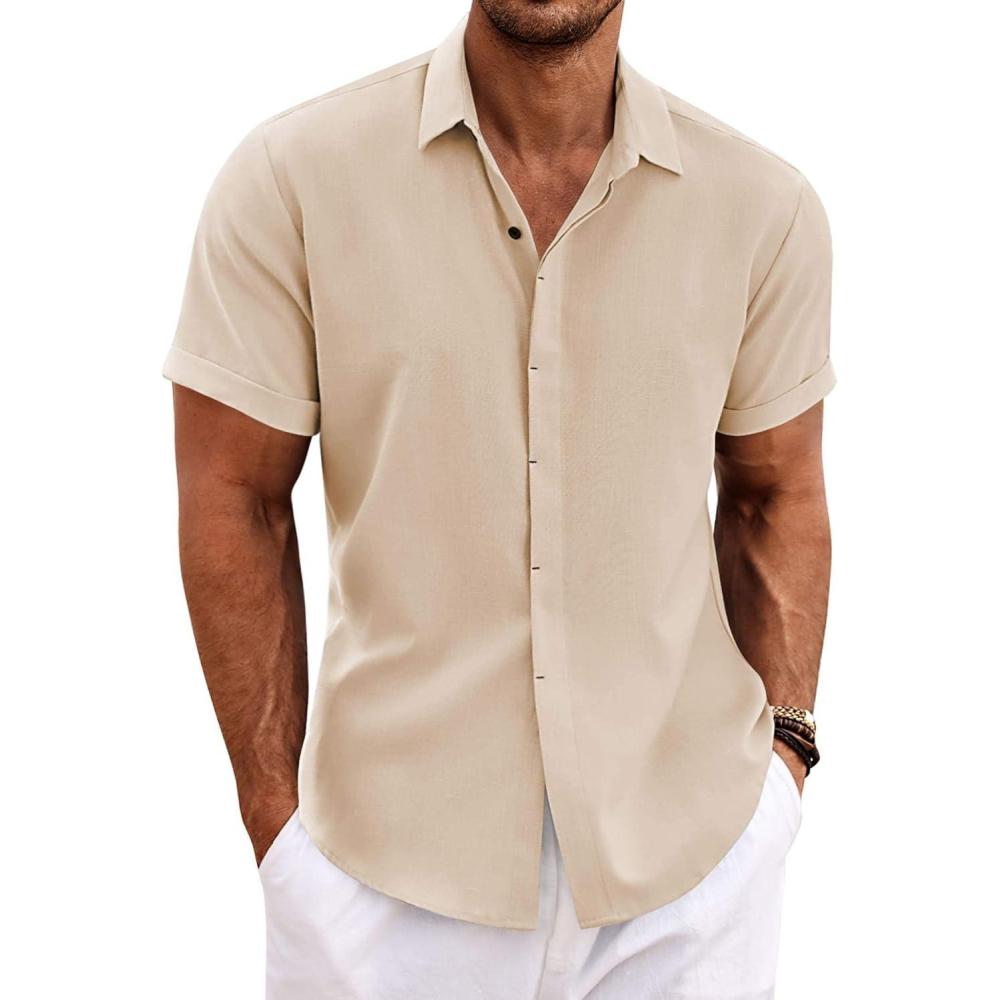 imageCOOFANDY Mens Button Down Shirts Short Sleeve Casual Summer Beach Shirts for Men Vacation Wedding Linen ShirtLight Khaki