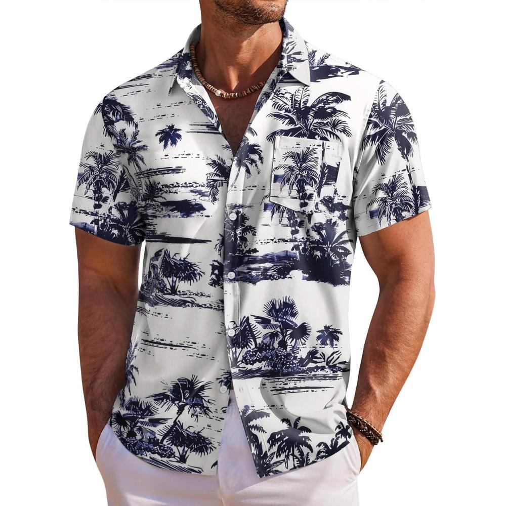 imageCOOFANDY Mens Button Down Shirts Short Sleeve Casual Summer Beach Shirts for Men Vacation Wedding Linen ShirtNavy Palm Tree