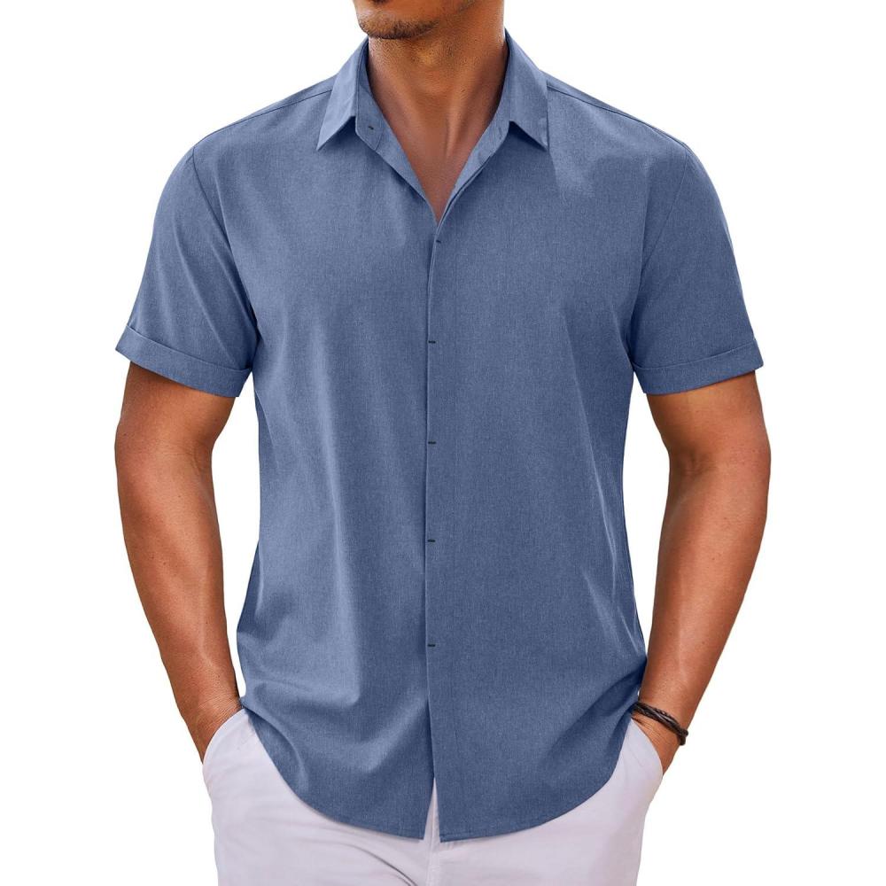 imageCOOFANDY Mens Button Down Shirts Short Sleeve Casual Summer Beach Shirts for Men Vacation Wedding Linen ShirtNavy