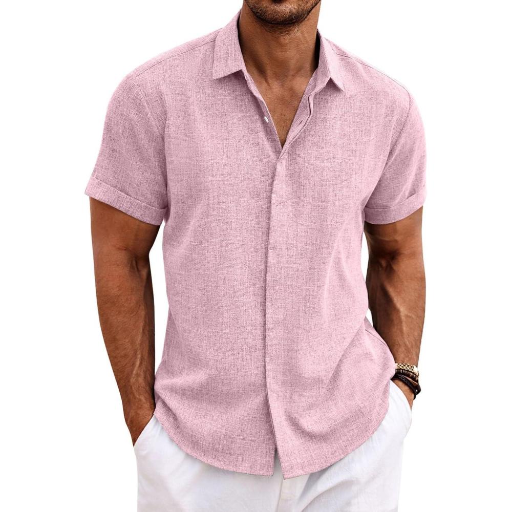 imageCOOFANDY Mens Button Down Shirts Short Sleeve Casual Summer Beach Shirts for Men Vacation Wedding Linen ShirtPink