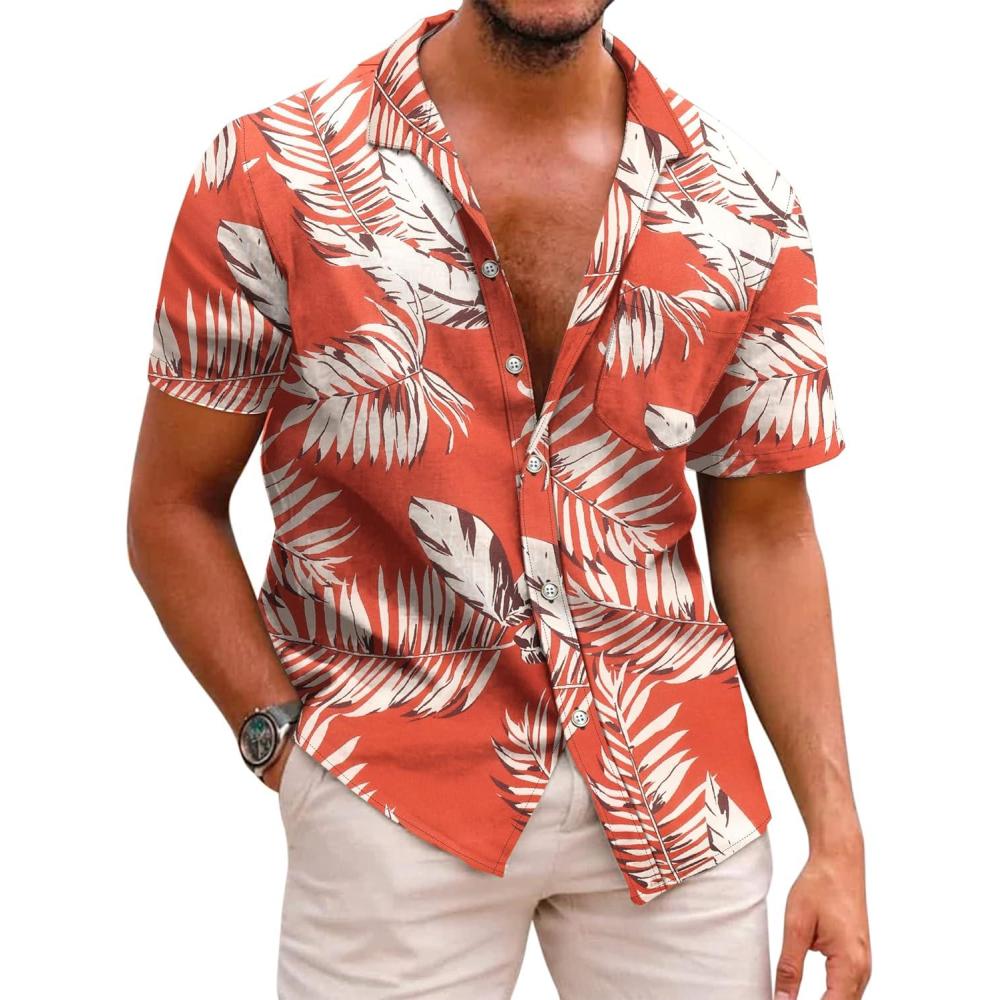 imageCOOFANDY Mens Button Down Shirts Short Sleeve Casual Summer Beach Shirts for Men Vacation Wedding Linen ShirtRed  Leaf