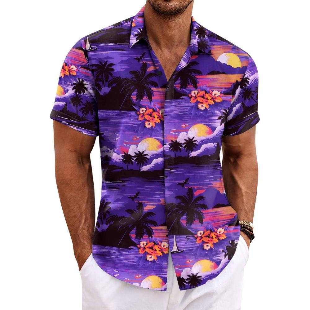 imageCOOFANDY Mens Button Down Shirts Short Sleeve Casual Summer Beach Shirts for Men Vacation Wedding Linen ShirtSunsetblue Purple